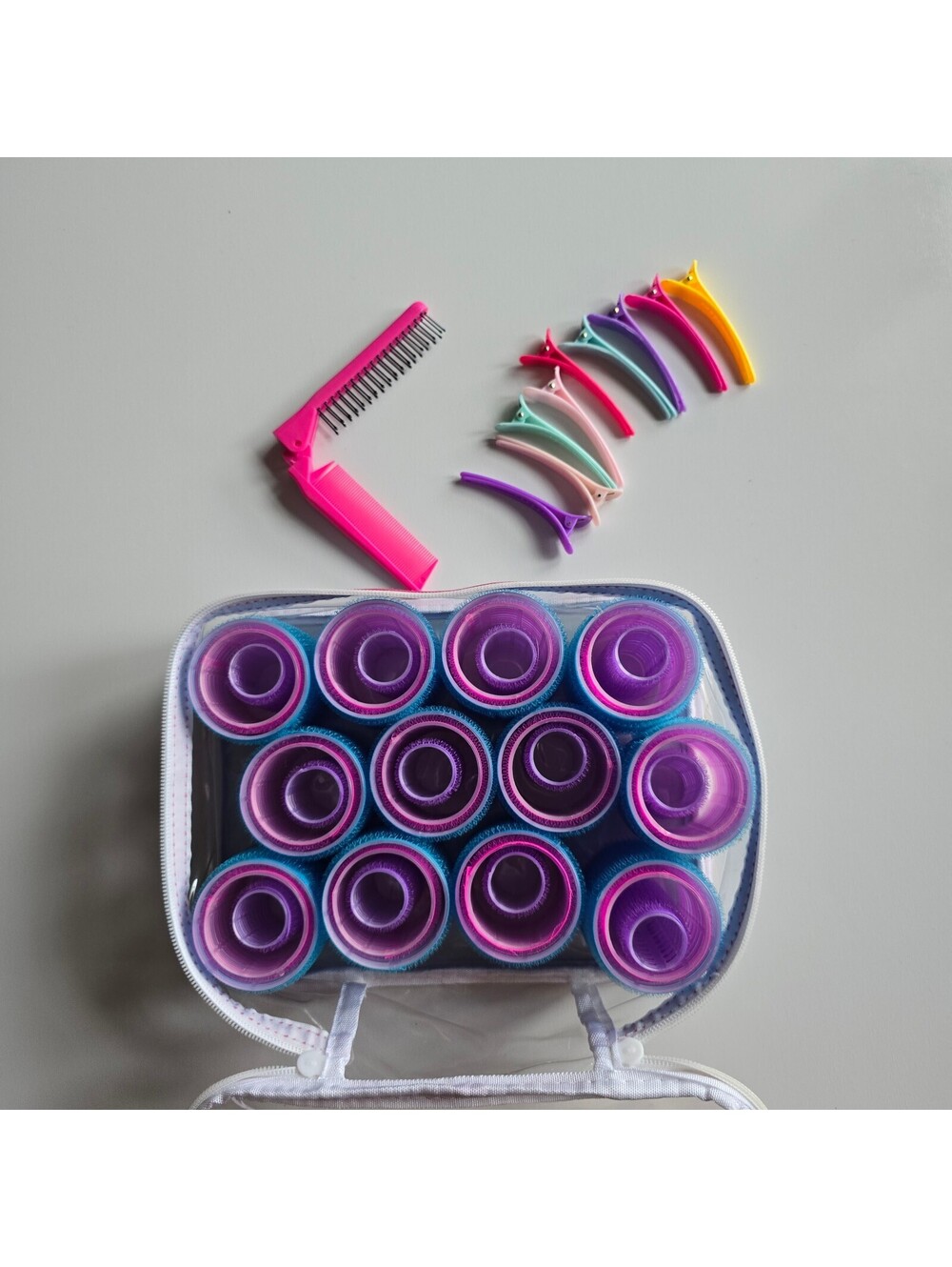 Self Grip Hair Rollers Set w/ Carrying Bag Sectioning Clips Comb Heatless Curler